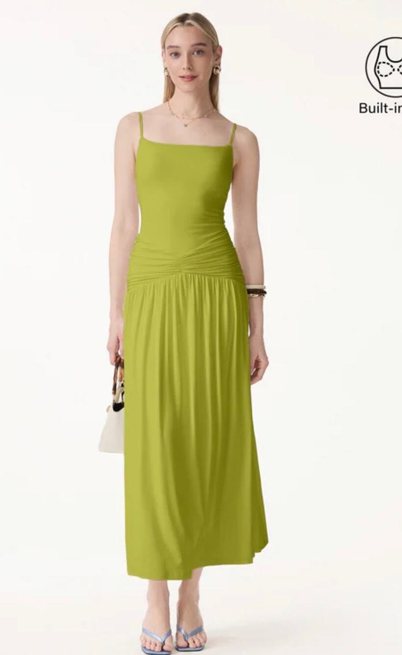 OGL Scoop Neck Side Ruched New Airy Bra Midi Dress Sprout Green Size S New